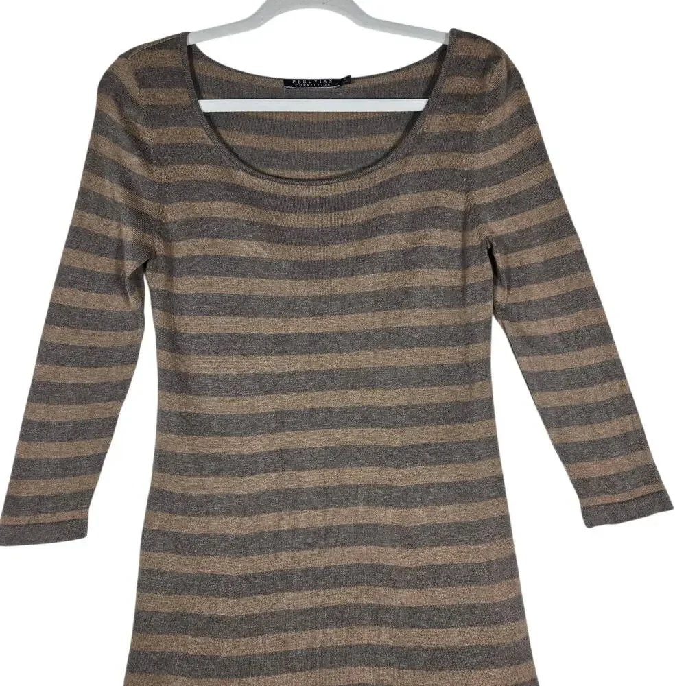 Peruvian Connection Dress Womens Small Brown Gray Striped Pima‎ Cotton Knit